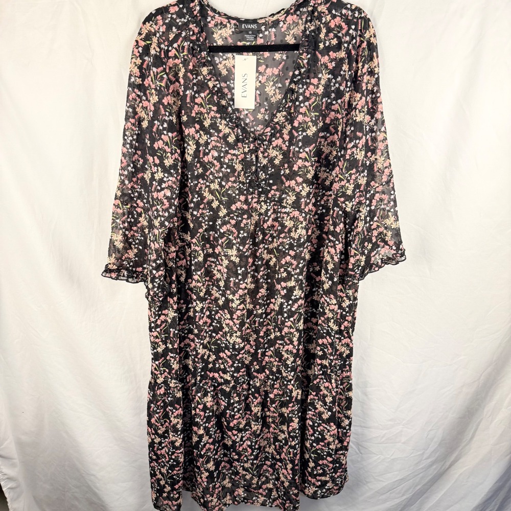Evans Sheer Ruffle Ladylike Ditsy Floral Midi Dress 18 Cottage Whimsigoth NWT